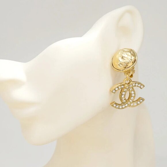 CHANEL CC Logos Rhinestone Round Drop Earrings Gold Tone Auth w/Box c11280 - Picture 2 of 7